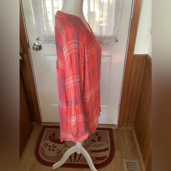 Nine West Jeans 1/2 Button Up Shirt Women Coral White Blue Plaid Mock Ne… - Picture 3 of 4